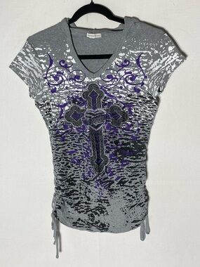 Vintage Y2K Warehouse One Grey Purple Grunge Gothic Cross Short Sleeve Hoodie M
